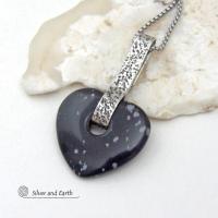 Heart Shaped Snowflake Obsidian Gemstone Sterling Silver Necklace - Anniversary / Valentine Jewelry Gifts for Women