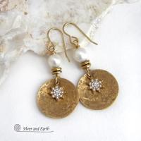 These handcrafted earrings feature gold brass dangles accented with star shaped brass charms with sparkly cubic zirconia crystals. White freshwater pearls and tiny brass beads were added as an accent. They have a classic modern chic style that coordinates beautifully with all wardrobe types - dressed up or down. Makes a great gift for couples celebrating their 21st or 30th anniversary. Brass is the the traditional choice for a 21st anniversary and pearls for a 30th anniversary. 