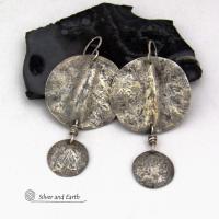 Rustic Hammered Oxidized Solid Sterling Silver Dangle Earrings - Edgy Modern Organic Silver Jewelry