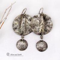 Rustic Hammered Oxidized Solid Sterling Silver Dangle Earrings - Edgy Modern Organic Silver Jewelry