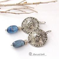 Textured Sterling Silver Earrings with Blue Kyanite Dangles - Artisan Handcrafted Sterling and Gemstone Jewelry