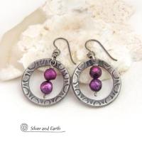 Silver Pewter Hoop Dangle Earrings with Purple Pearls - Elegant Dressy Modern Chic Freshwater Pearl Jewelry