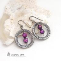 These handcrafted silver pewter hoop earrings have a hand stamped texture and are accented with purple freshwater pearls with a faceted finish. They have a modern chic, classic style that is always in fashion and will coordinate beautifully with all wardrobe types - dressed up or down. They'll make a great wife gift for couples celebrating their 10th year of marriage