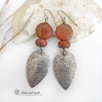 Sterling Silver Dangle Earrings with Natural Red Creek Jasper Stones