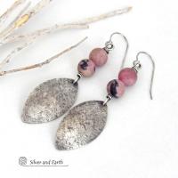 Hammered Sterling Silver Earrings with Pink Rhodonite Gemstones - Artisan Handcrafted Sterling Silver Jewelry
