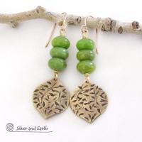 Hand Stamped Gold Brass Dangle Earrings with Green Serpentine Gemstones - Modern Earthy Chic Natural Stone Jewelry