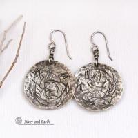 Modern Oxidized Sterling Silver Earrings with Hammered and Hand Stamped Texture