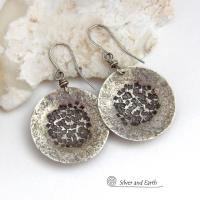 Bold, earthy and modern - these sterling silver dangle earrings are perfect for everyday wear. A classic staple for every jewelry lover's wardrobe - because they go with everything! Handcrafted entirely in solid sterling silver. I created the shapes out of sterling silver sheet; hammered and stamped the metal to create the rustic, organic texture; then oxidized them to enhance the detail. Handmade in the USA by Silver and Earth Jewelry.
