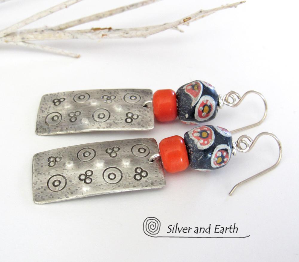 Sterling Silver Earrings with Colorful Hand Painted African Trade Beads