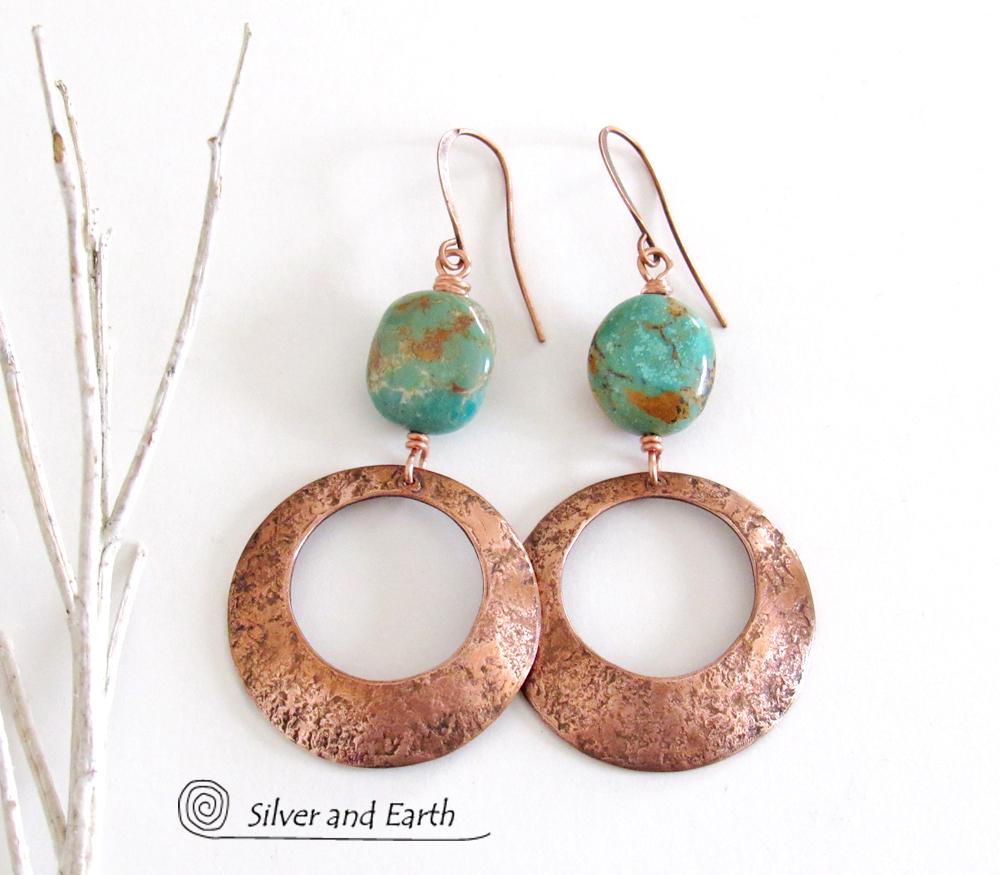 Modern Rustic Copper Hoop Dangle Earrings with Natural Turquoise Nuggets