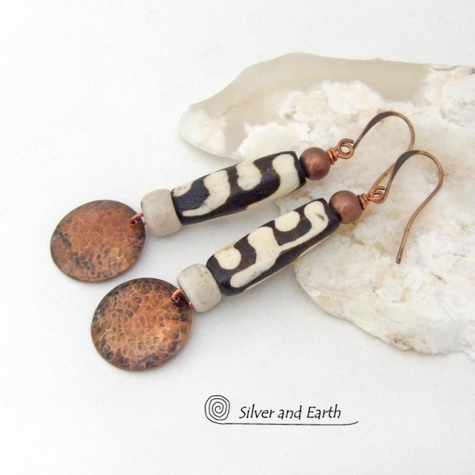 Long Hammered Copper Earrings with African Batik Bone Beads - Afrocentric Boho Ethnic Tribal Artisan Jewelry