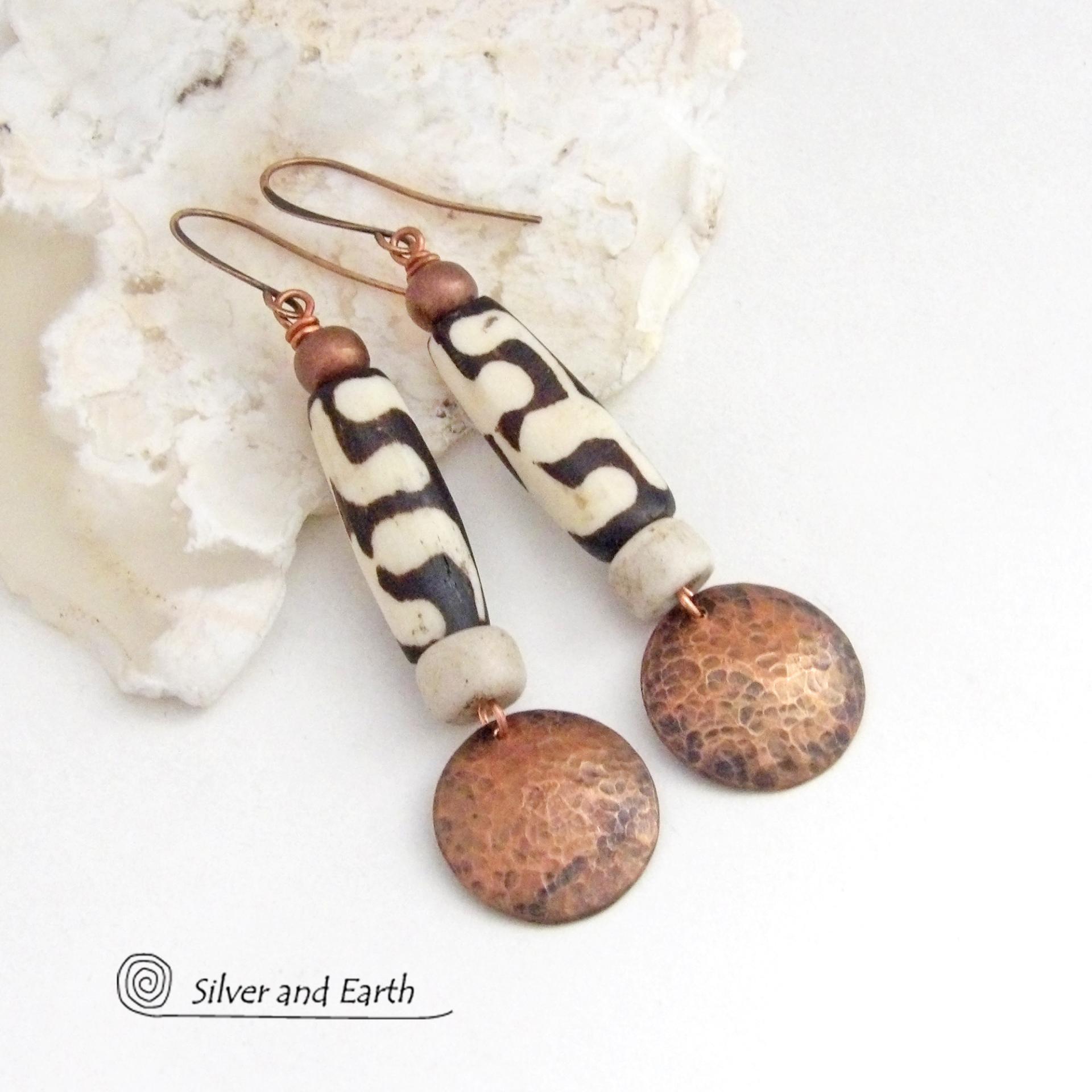 Long Hammered Copper Earrings with African Batik Bone Beads - Afrocentric Boho Ethnic Tribal Artisan Jewelry