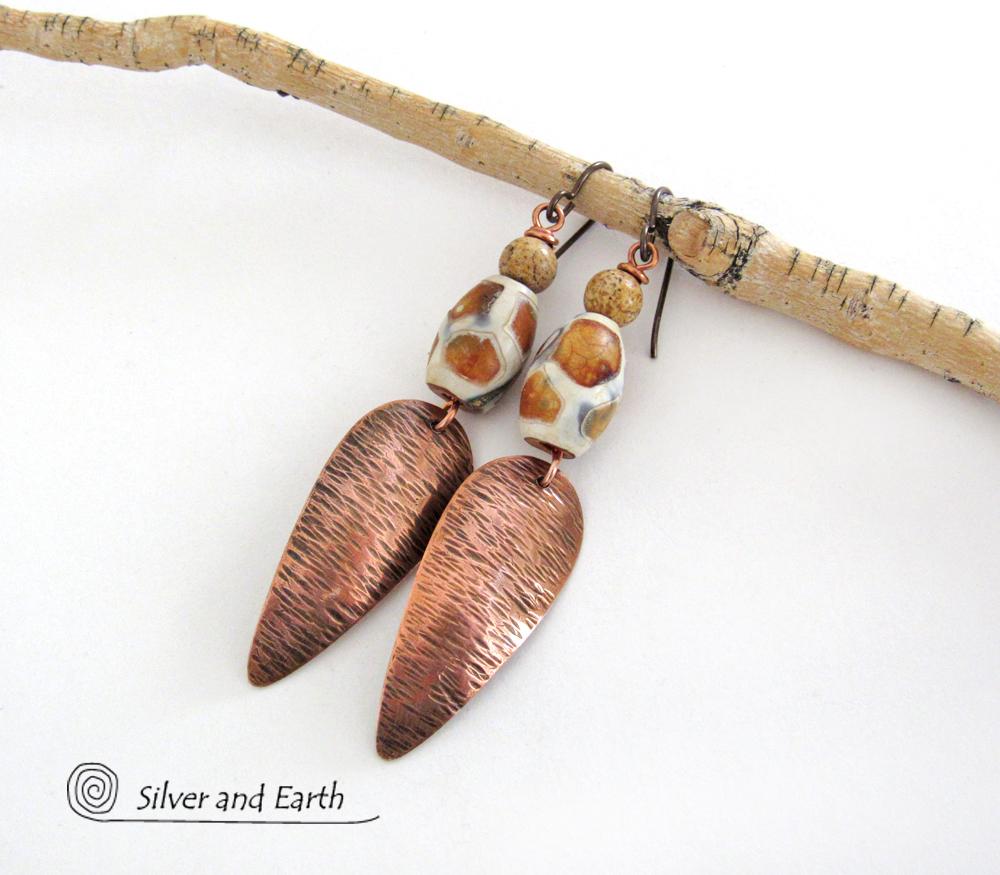 African Tribal Copper Earrings with Etched Agate Stones - African Style Jewelry