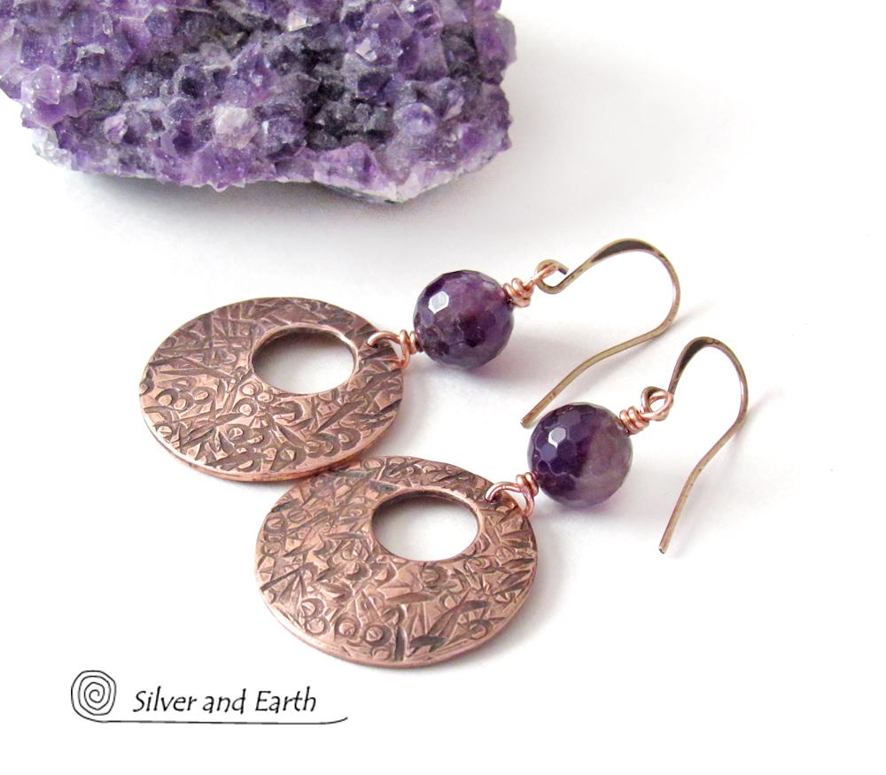 Copper Hoop Earrings with Faceted Purple Amethyst Gemstones - February Birthstone Jewelry - 6th or 7th Anniversary Gift for Wife