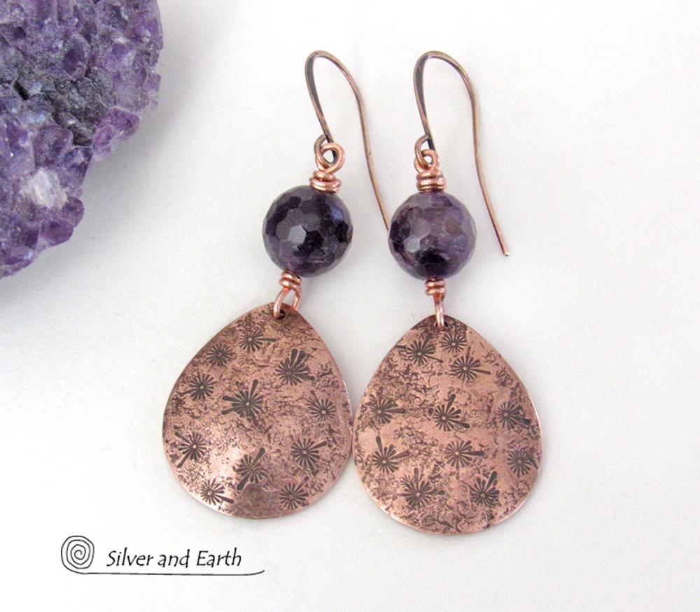 Copper Teardrop Earrings with Purple Amethyst Gemstones - February Birthstone Jewelry - 6th or 7th Anniversary Gift for Wife