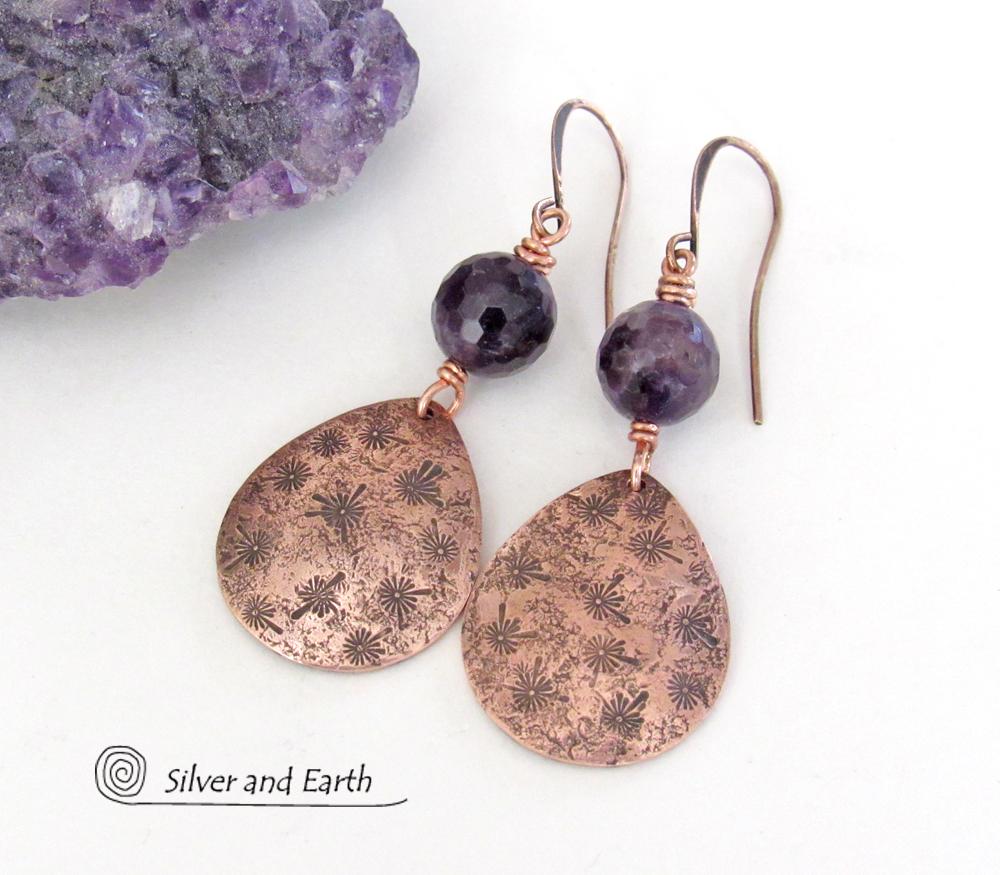 Copper Teardrop Earrings with Purple Amethyst Gemstones - February Birthstone Jewelry - 6th or 7th Anniversary Gift for Wife