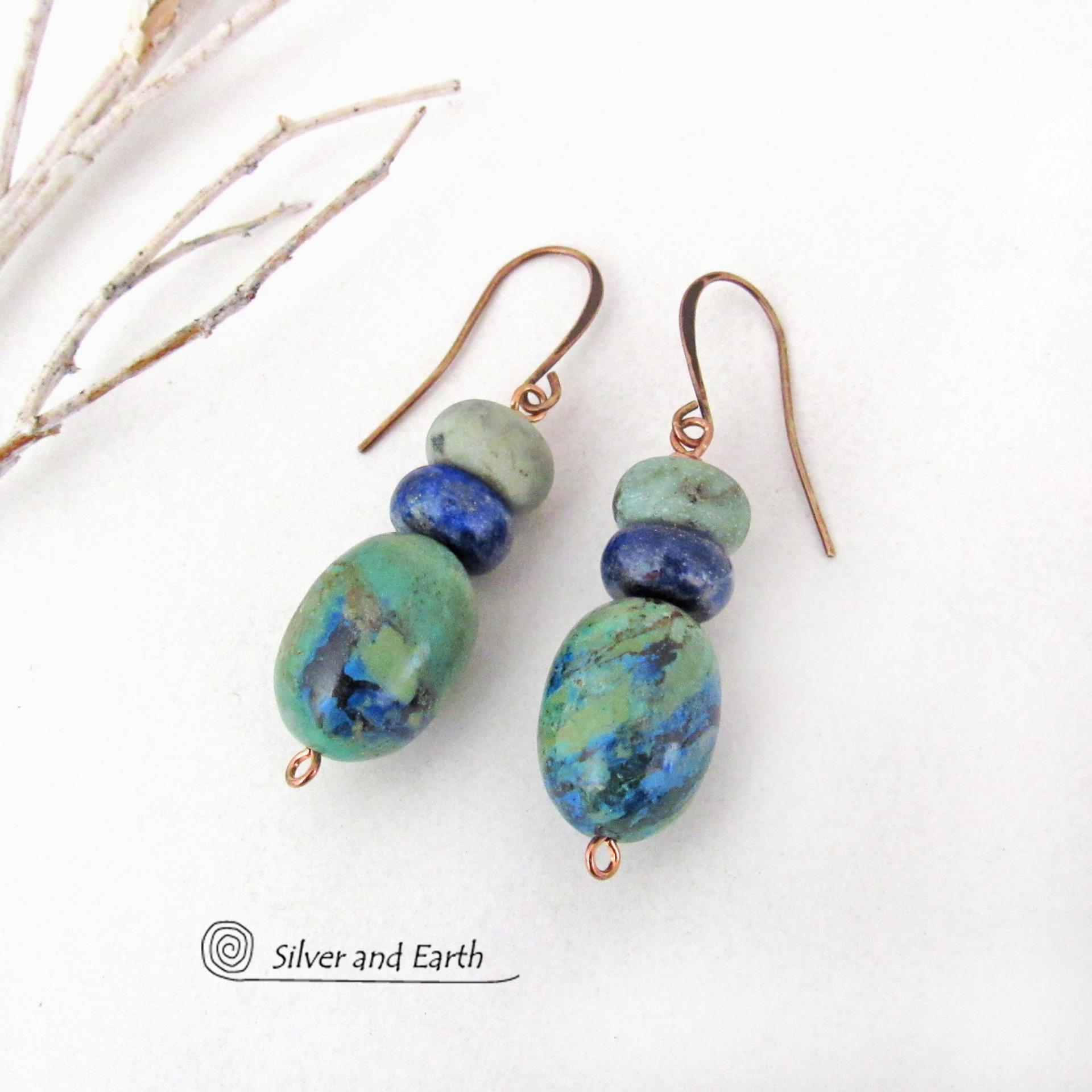 Azurite Malachite Gemstone Earrings with Blue Lapis & African Turquoise - Earthy Natural Stone Jewelry