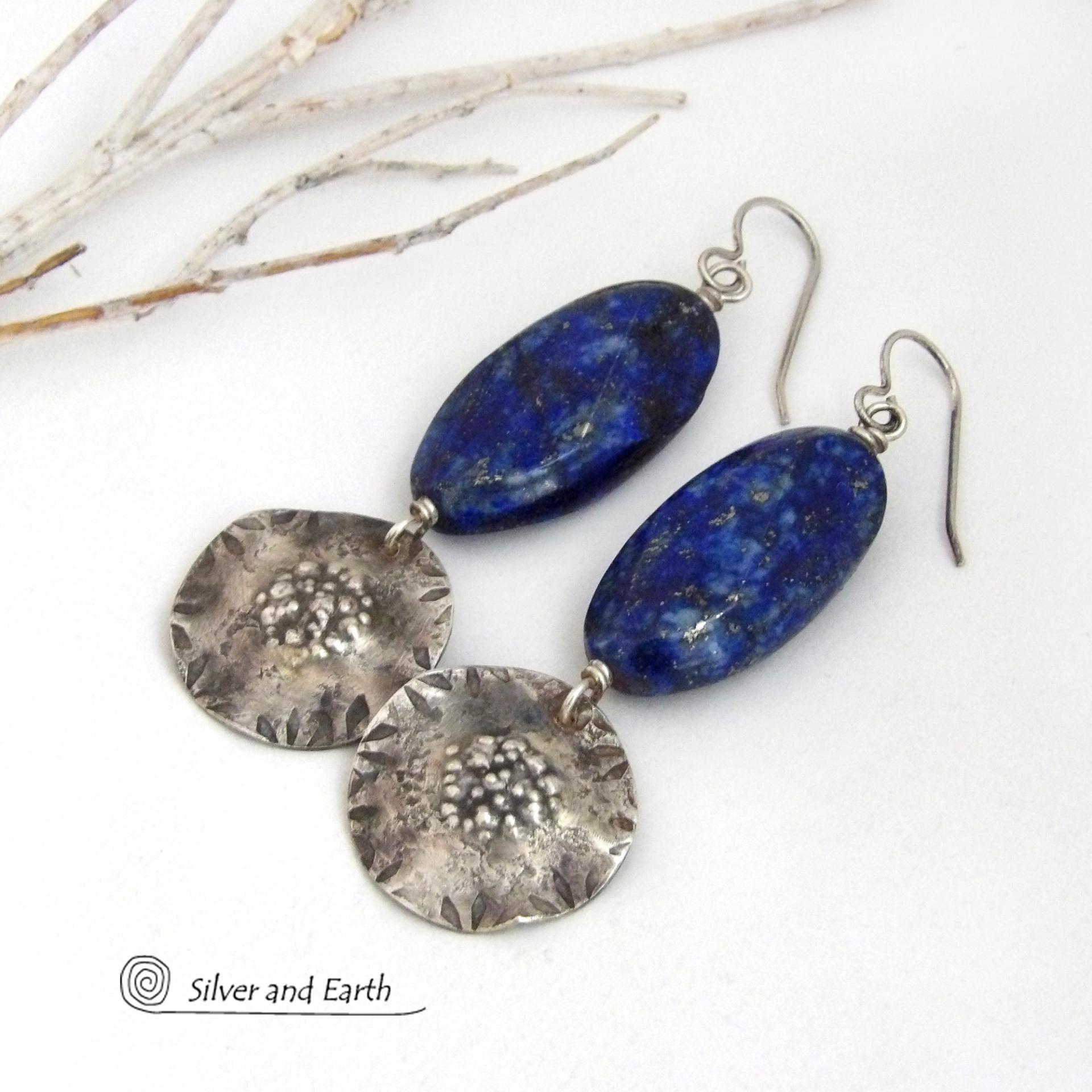 Sterling Silver Dangle Earrings with Large Blue Lapis Lazuli Gemstones - Artisan Handmade Bold Modern Statement Jewelry
