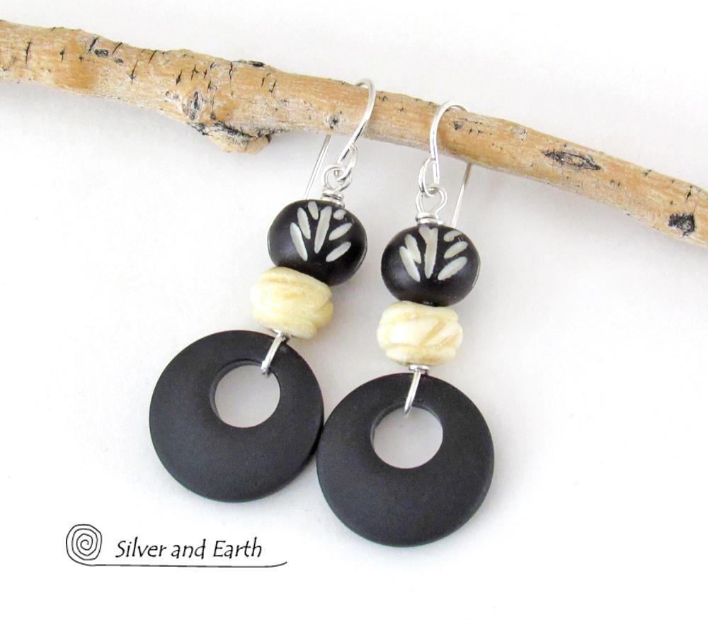 African Carved Bone Earrings with Matte Black Glass Circle Hoops - Boho Tribal Ethnic Afrocentric Style Jewelry