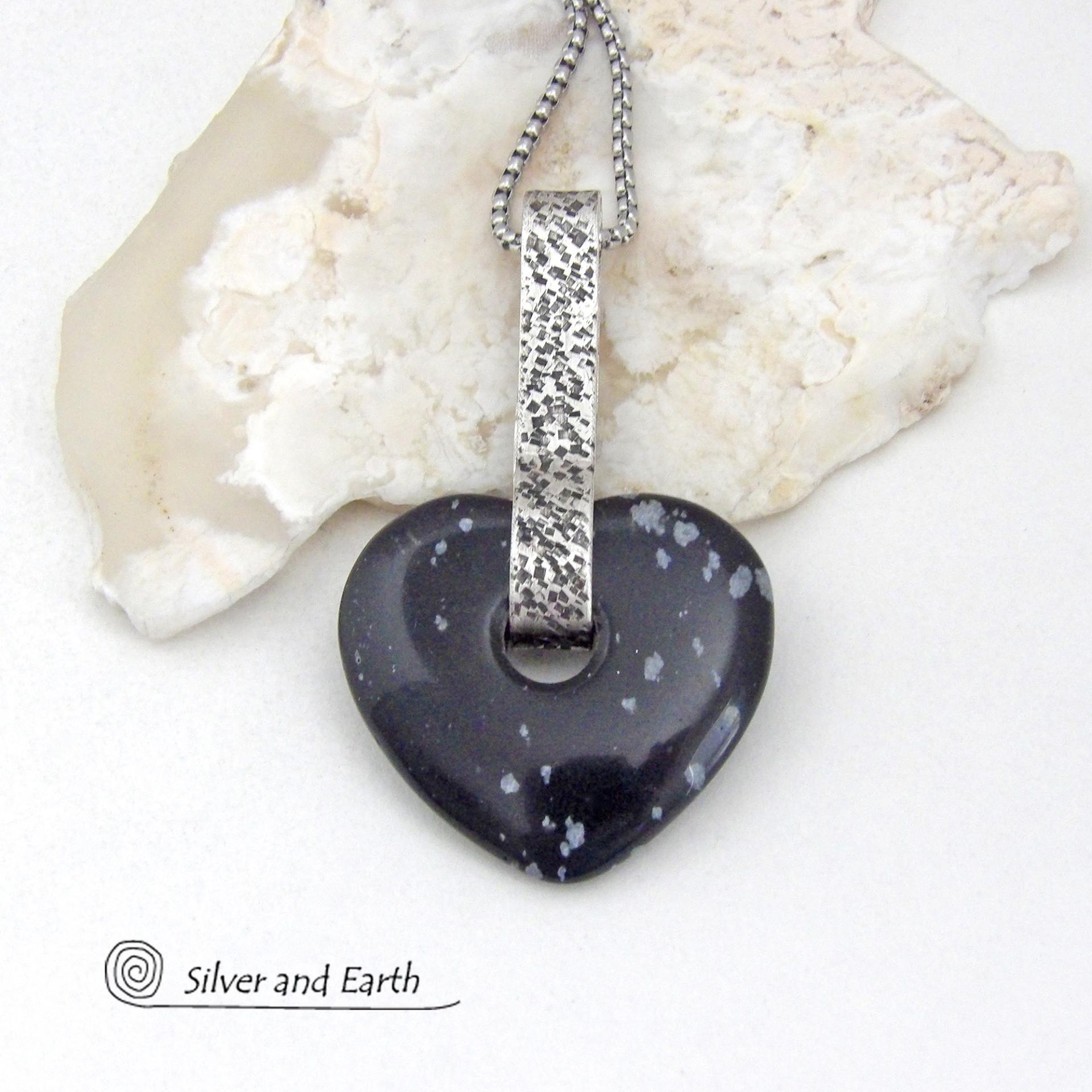 Heart Shaped Snowflake Obsidian Gemstone Sterling Silver Necklace - Anniversary / Valentine Jewelry Gifts for Women