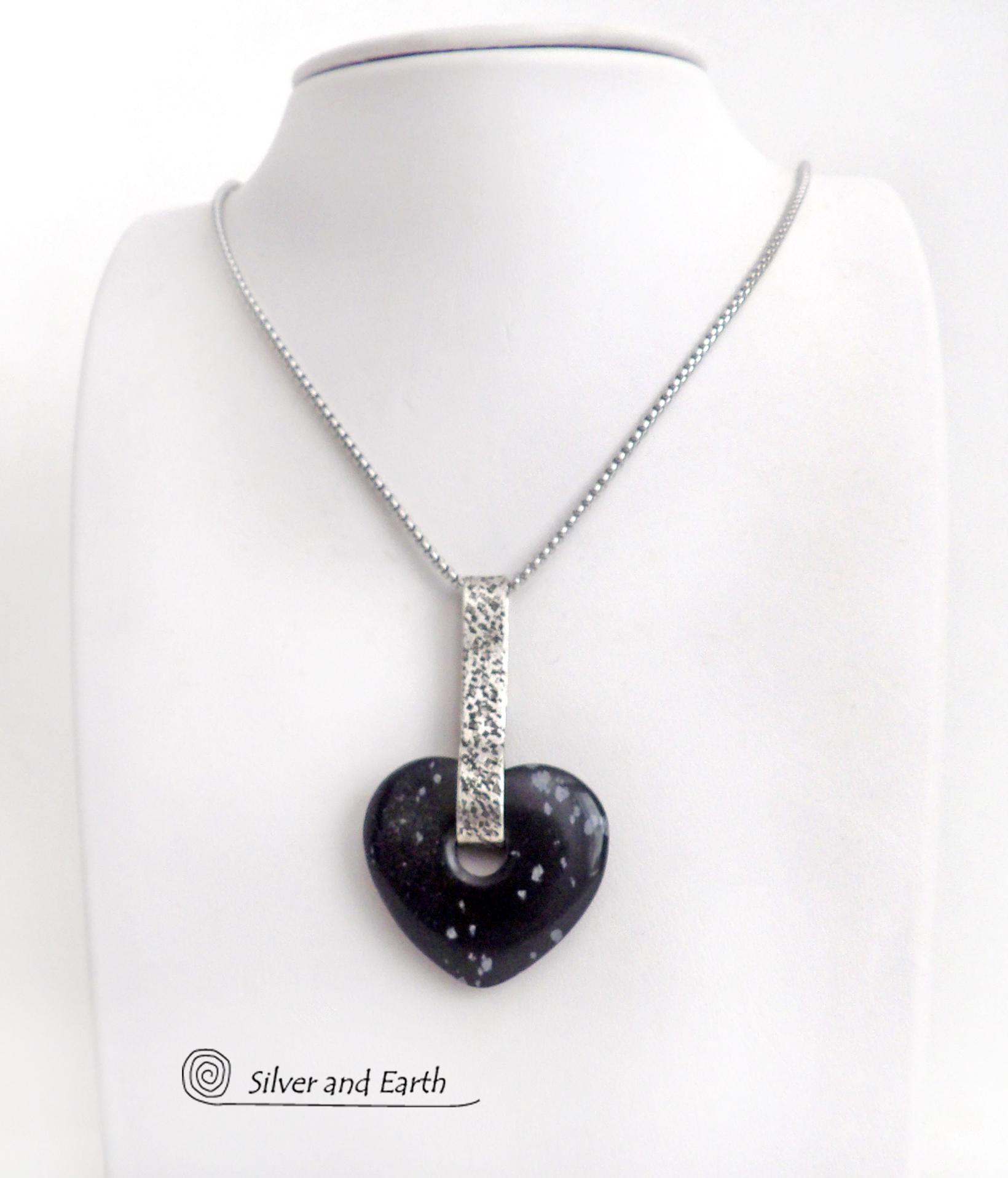 Heart Shaped Snowflake Obsidian Gemstone Sterling Silver Necklace - Anniversary / Valentine Jewelry Gifts for Women