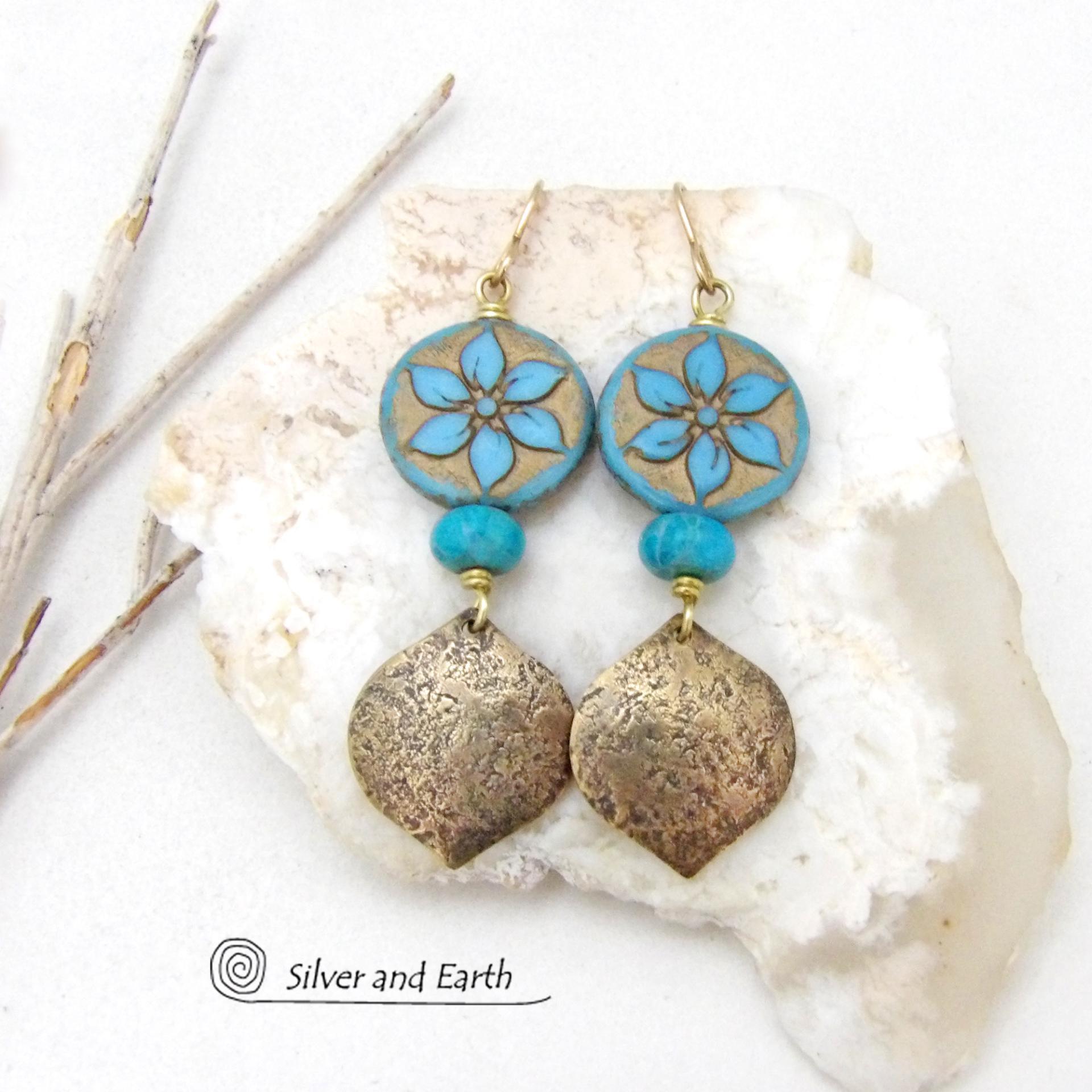 Gold Brass Earrings with Blue Flower and Turquoise Beads - Modern Elegant Nature Jewelry Gifts for Women