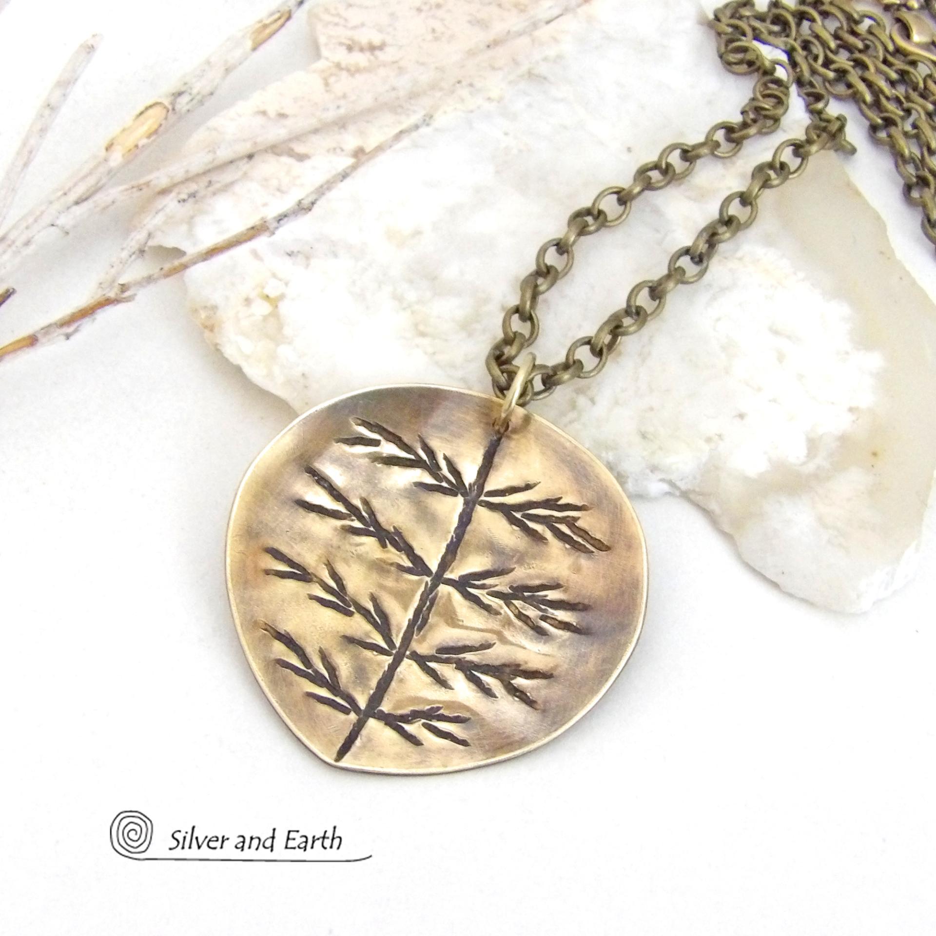Gold Brass Leaf Necklace with Hand Stamped Texture - Modern Earthy Nature Gifts for Women