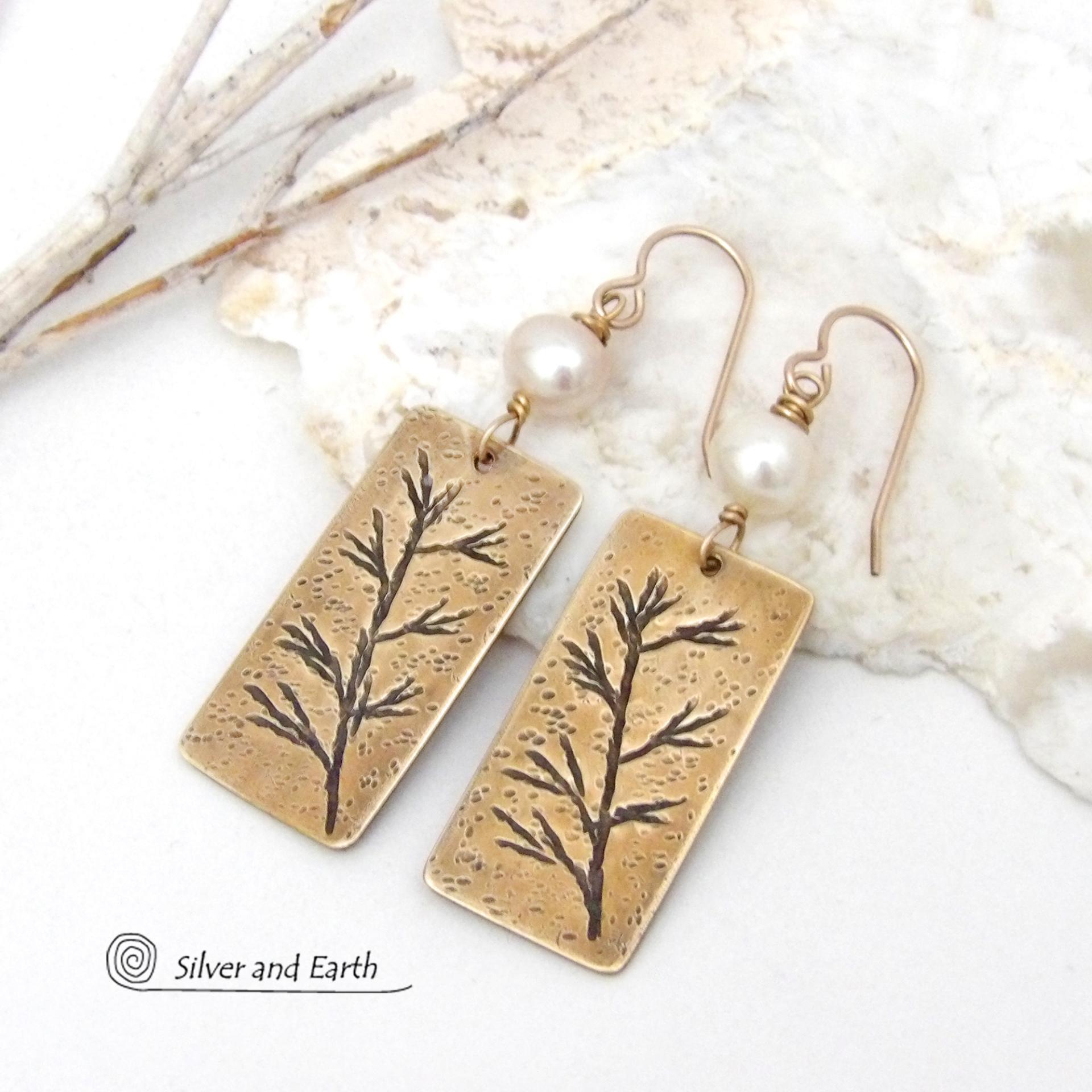 Gold Brass Earrings with Hand Stamped Twigs & White Pearls -  Unique Jewelry Gifts for Nature Lovers