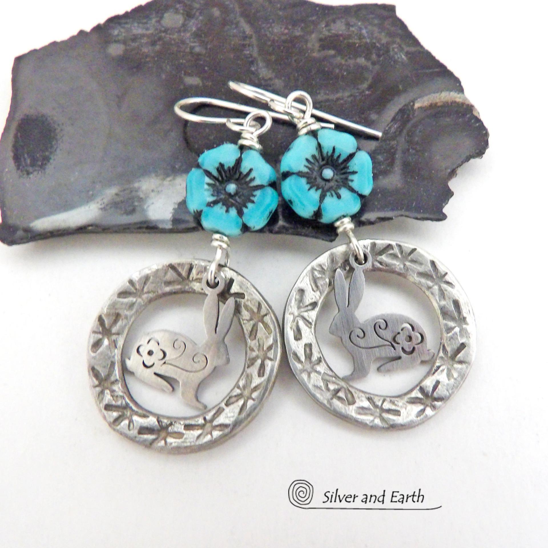 Silver Pewter Circle Hoop Earrings with Blue Flower Beads and Bunny Rabbit Charms - Unique Jewelry Gifts for Flower, Nature & Rabbit Lovers