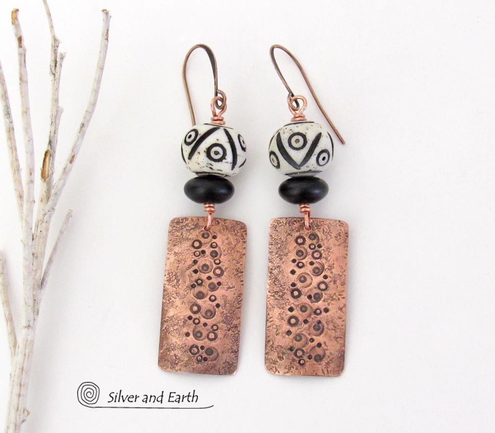 Textured Copper Earrings with African Carved Bone & Black Beads - Ethnic Boho Tribal Style Handmade Jewelry