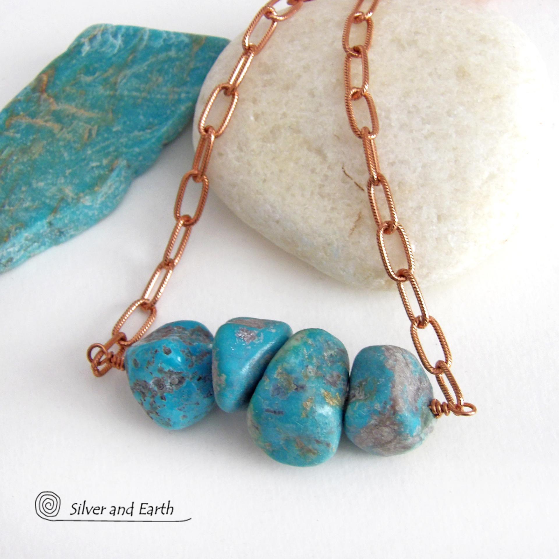 This chunky turquoise necklace features big, organically-shaped nuggets of genuine natural turquoise accented with a copper link chain. The turquoise is a stunning shade of blue - reminiscent of the lovely blue skies here in the American Southwest. Unique and one-of-a-kind, it will make a bold statement. Perfect for women that love bold unique jewelry made with natural stones. Handmade in the USA by Silver and Earth Jewelry. 