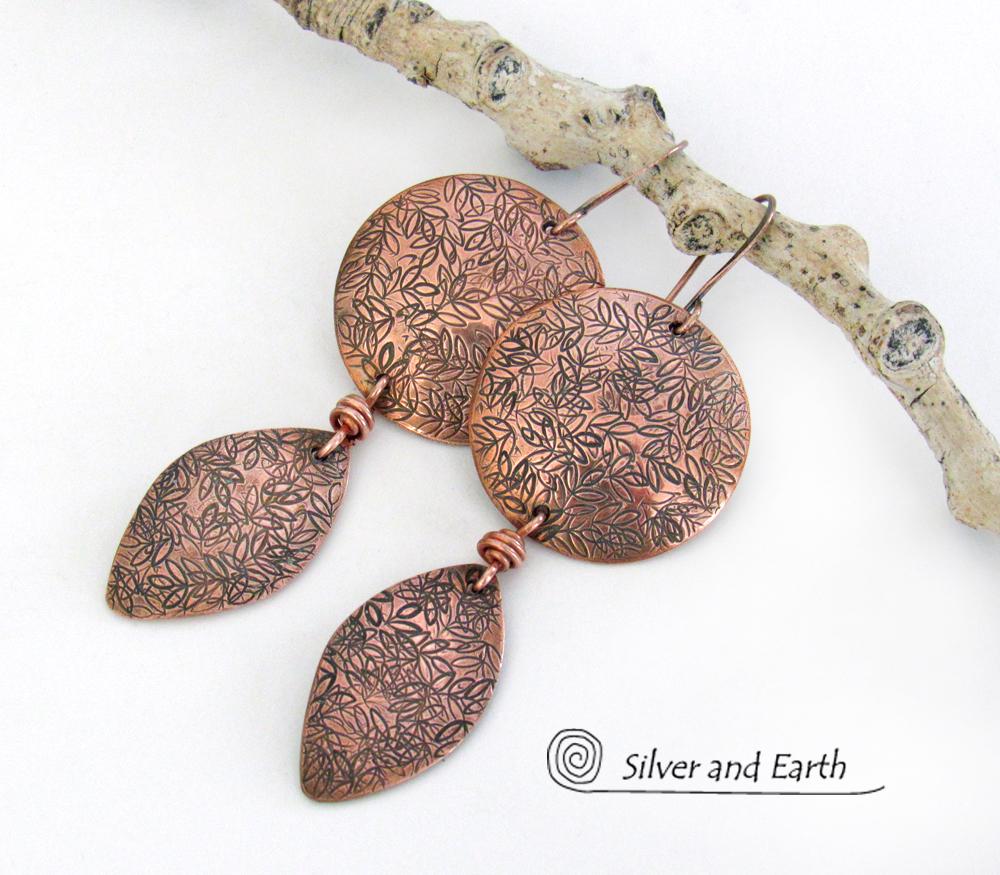 Copper Dangle Earrings with Hand Stamped Leaf Texture - Earthy Nature Jewelry Gifts for Women