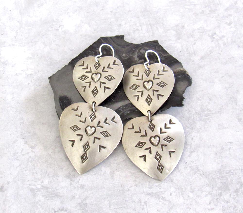 Large Sterling Silver Heart Concho Earrings - Vintage Southwestern Jewelry