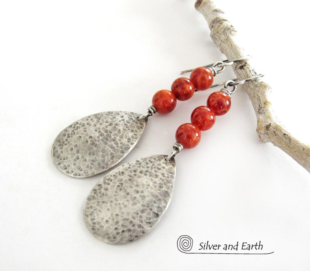 Hammered Sterling Silver Teardrop Earrings with Orange Fire Agate Gemstones