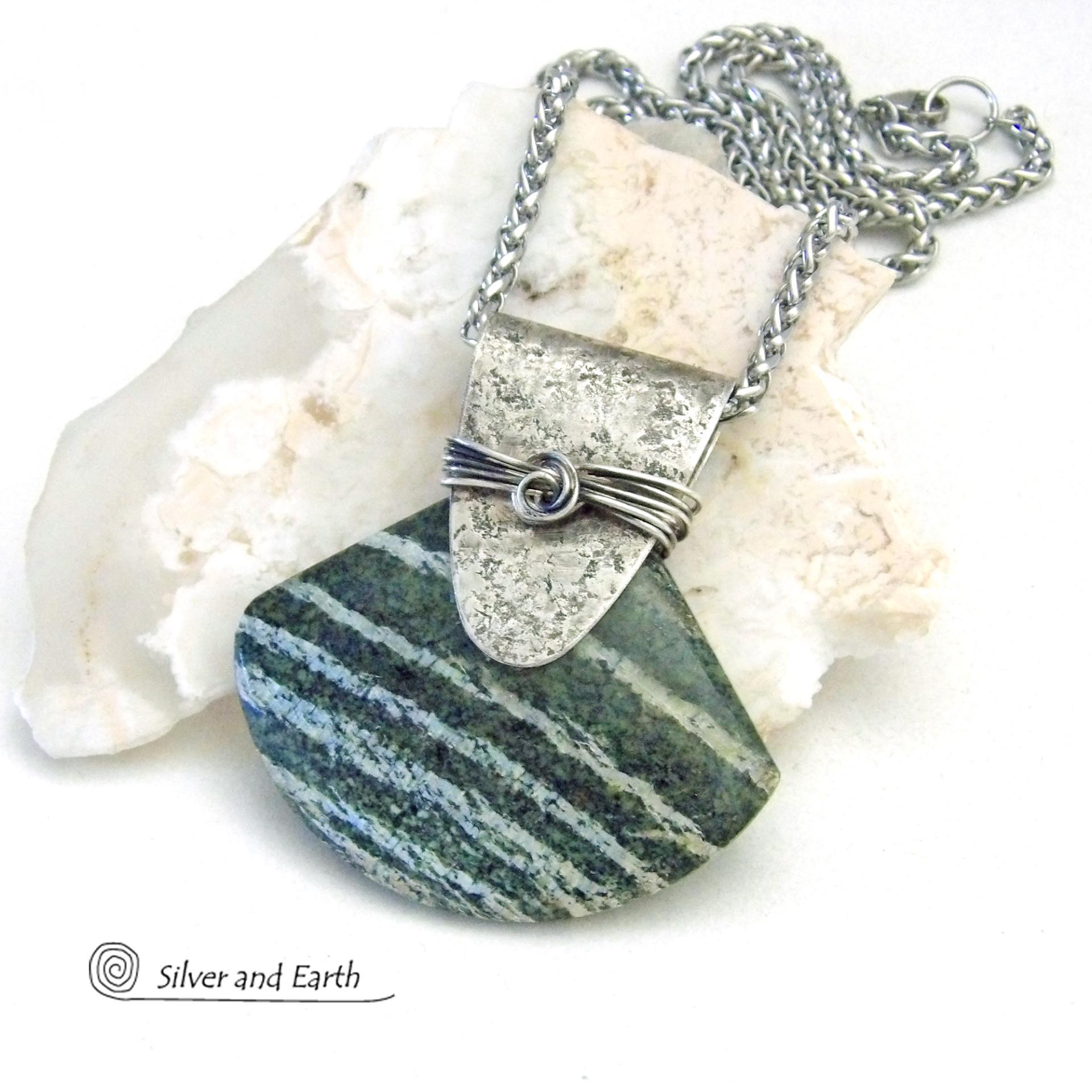 Green Zebra Jasper Sterling Silver Necklace - Unique Natural One of a Kind Stone Jewelry