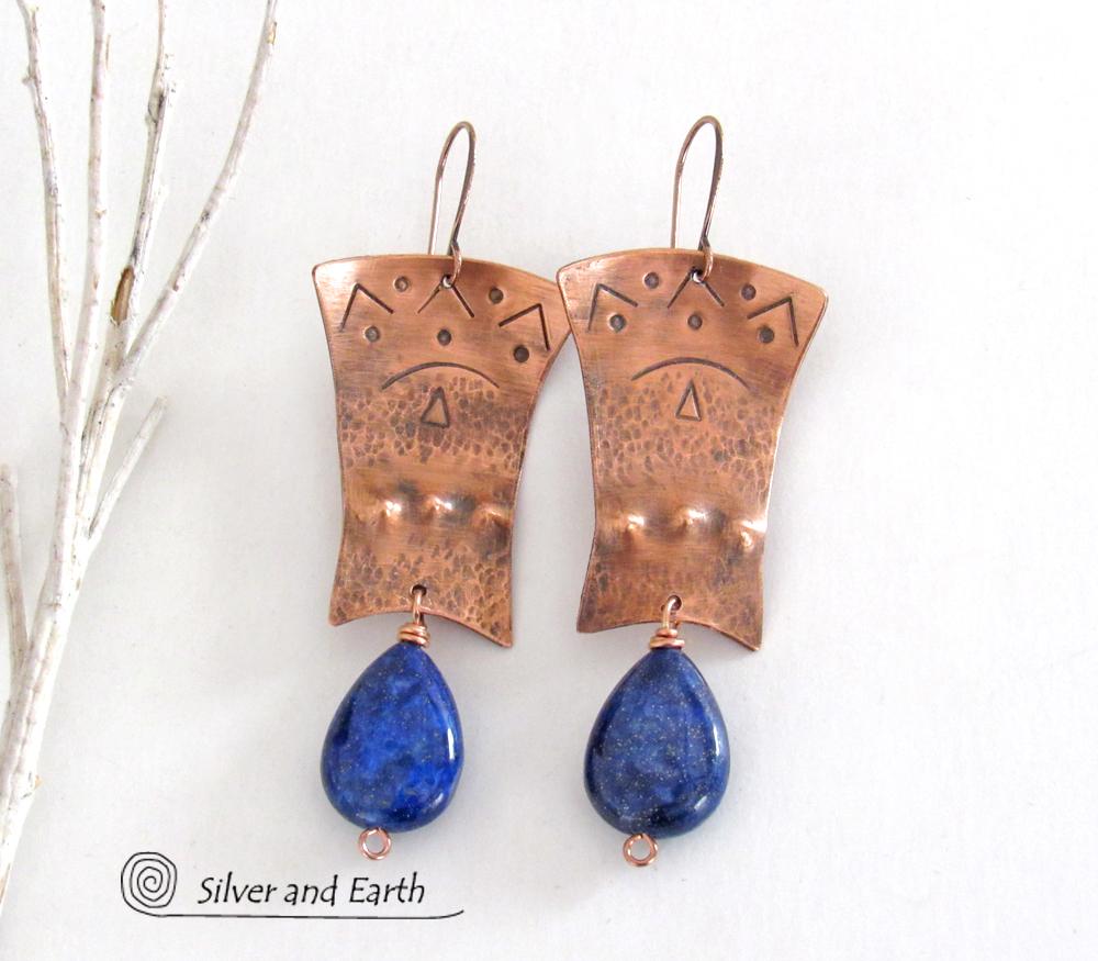 Copper Egyptian Earrings with Lapis Lazuli Gemstones - Bold Exotic Jewelry