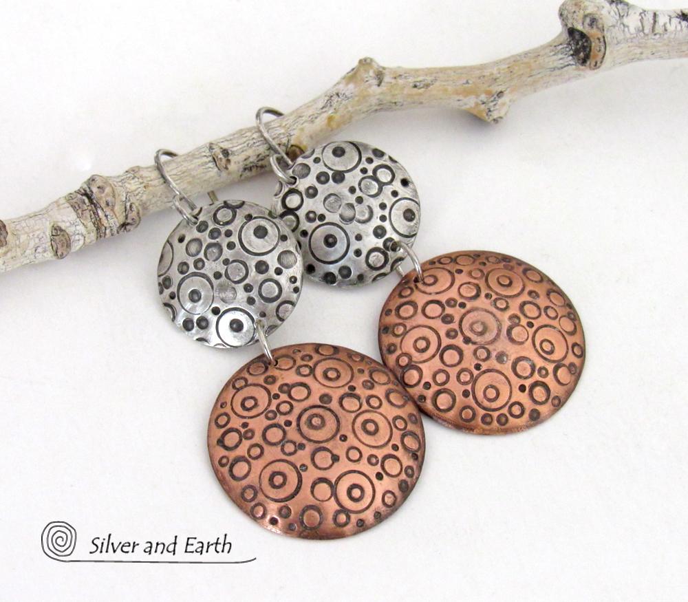 Mixed Metal Earrings with Hand Stamped Sterling Silver & Copper - Unique Contemporary Modern Jewelry