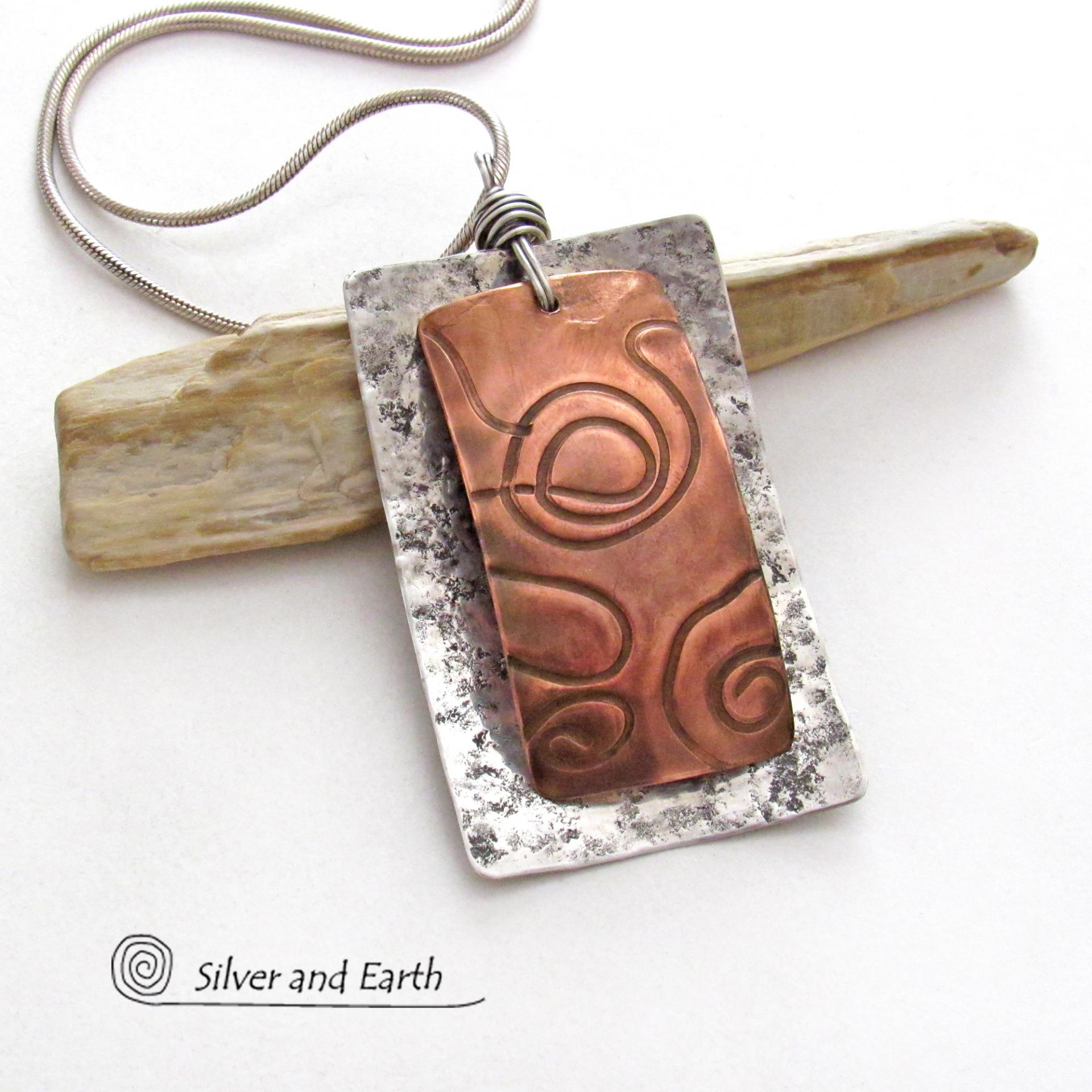 Mixed Metal Pendant Necklace with Textured Sterling Silver & Copper