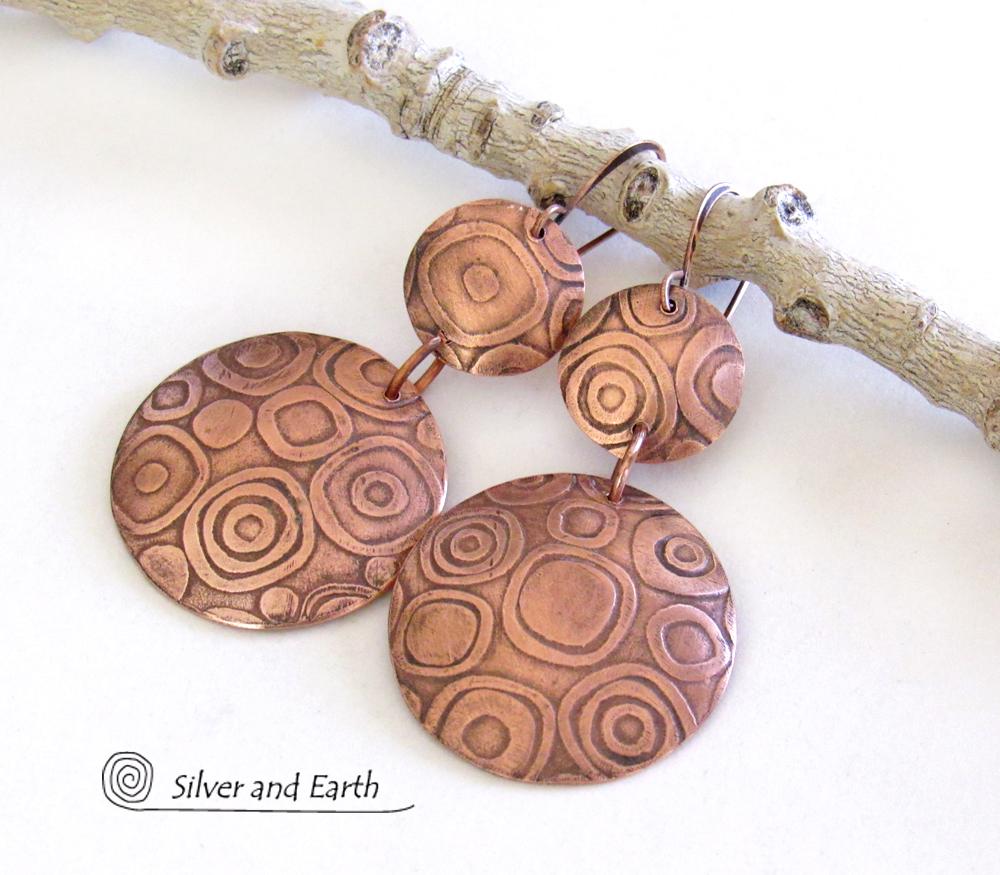 Big Bold Copper Double Dangle Earrings with Abstract Circle Texture - Contemporary Modern Jewelry