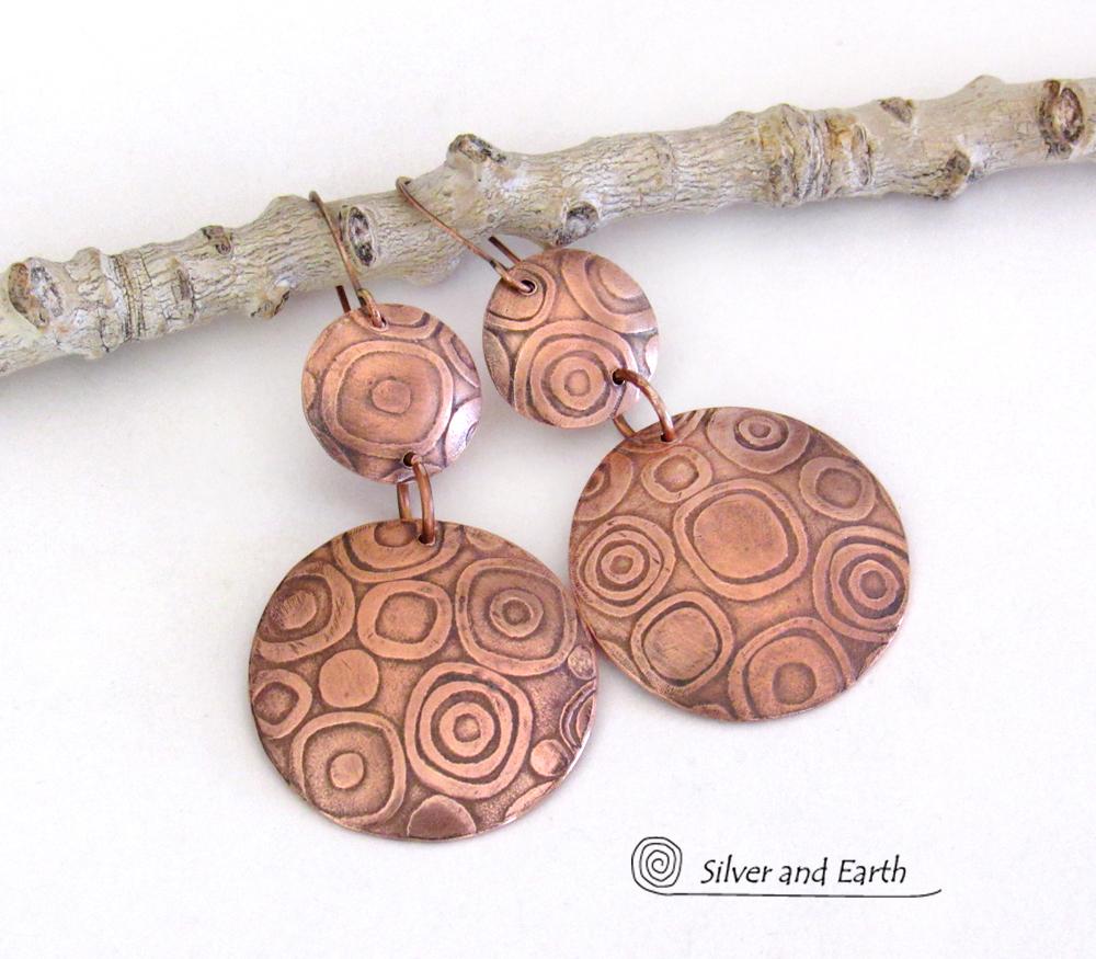 Big Bold Copper Double Dangle Earrings with Abstract Circle Texture - Contemporary Modern Jewelry