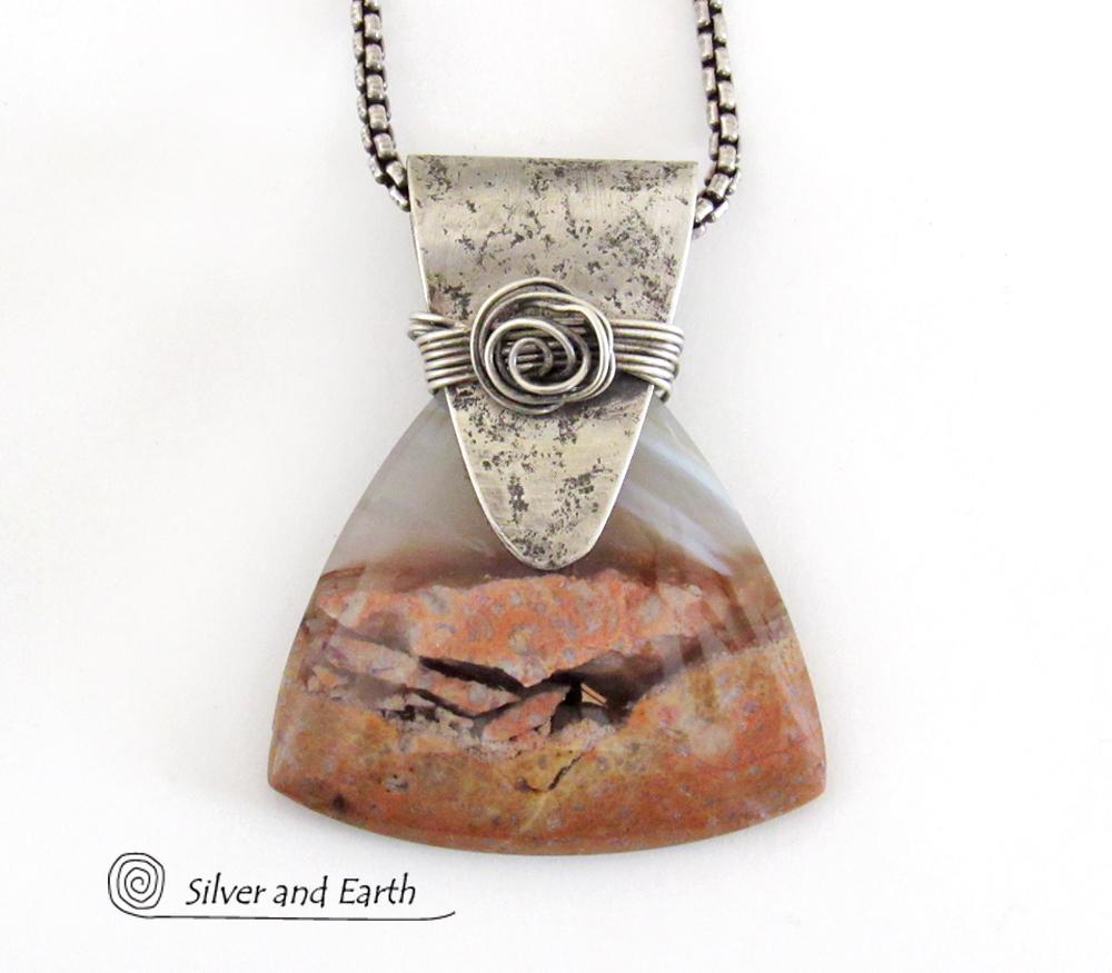 Desert Landscape Agate Sterling Silver Pendant Necklace - Handcrafted Artisan Sterling & Gemstone Jewelry