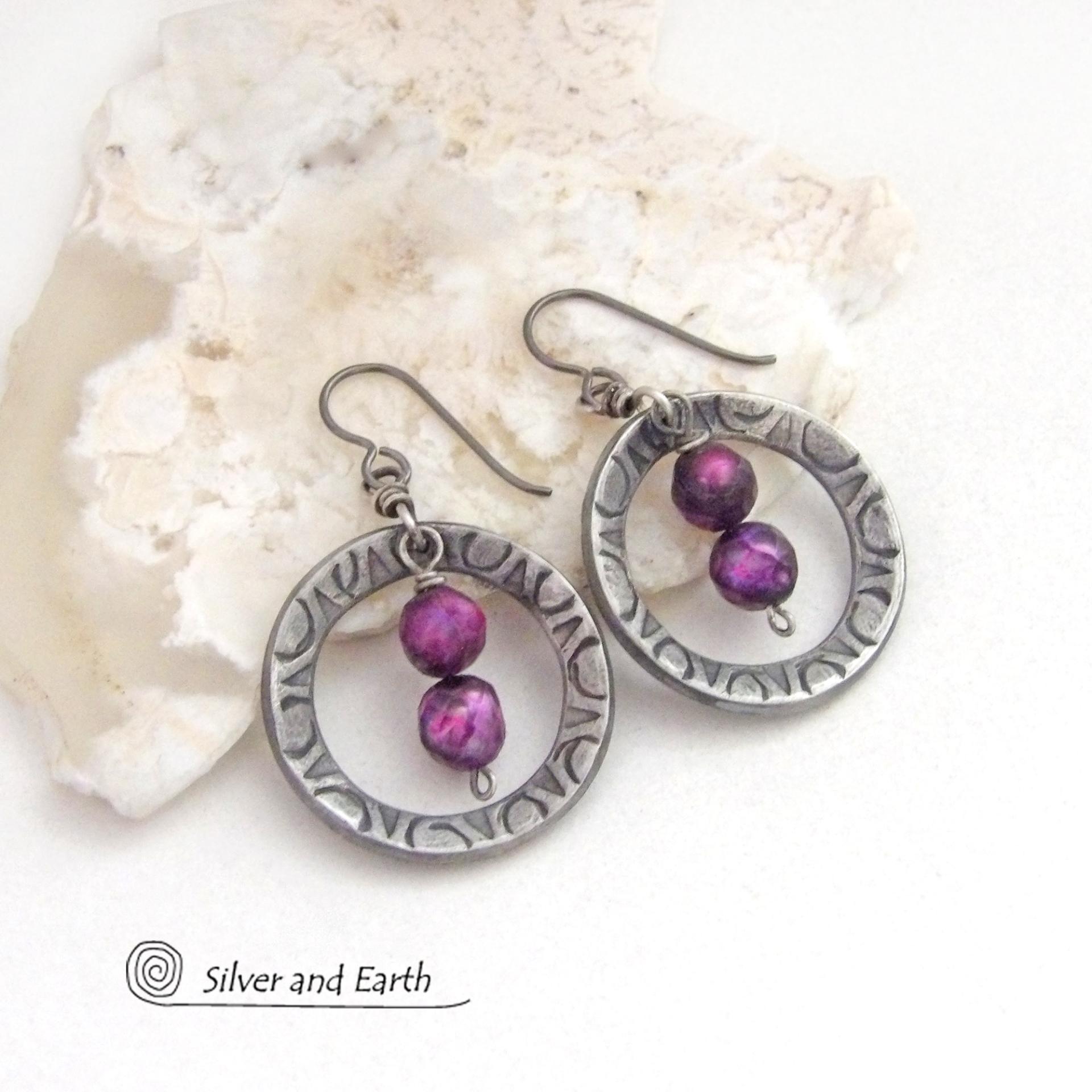 These handcrafted silver pewter hoop earrings have a hand stamped texture and are accented with purple freshwater pearls with a faceted finish. They have a modern chic, classic style that is always in fashion and will coordinate beautifully with all wardrobe types - dressed up or down. They'll make a great wife gift for couples celebrating their 10th year of marriage