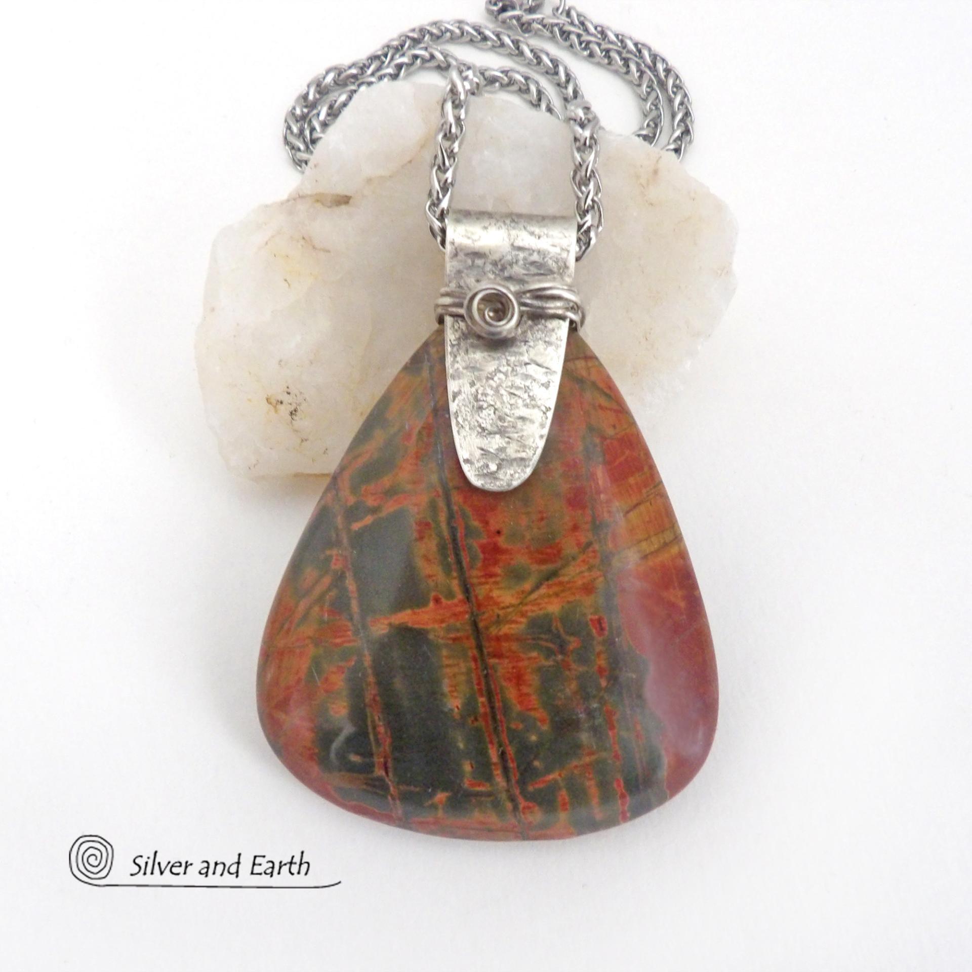 Large Red Creek Jasper Stone Sterling Silver Necklace 