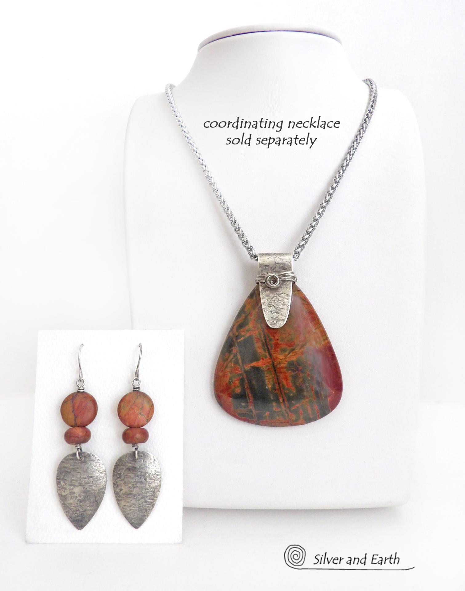 Sterling Silver Dangle Earrings with Natural Red Creek Jasper Stones