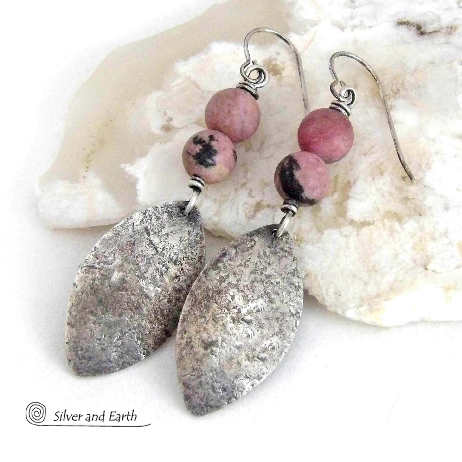 Hammered Sterling Silver Earrings with Pink Rhodonite Gemstones - Artisan Handcrafted Sterling Silver Jewelry