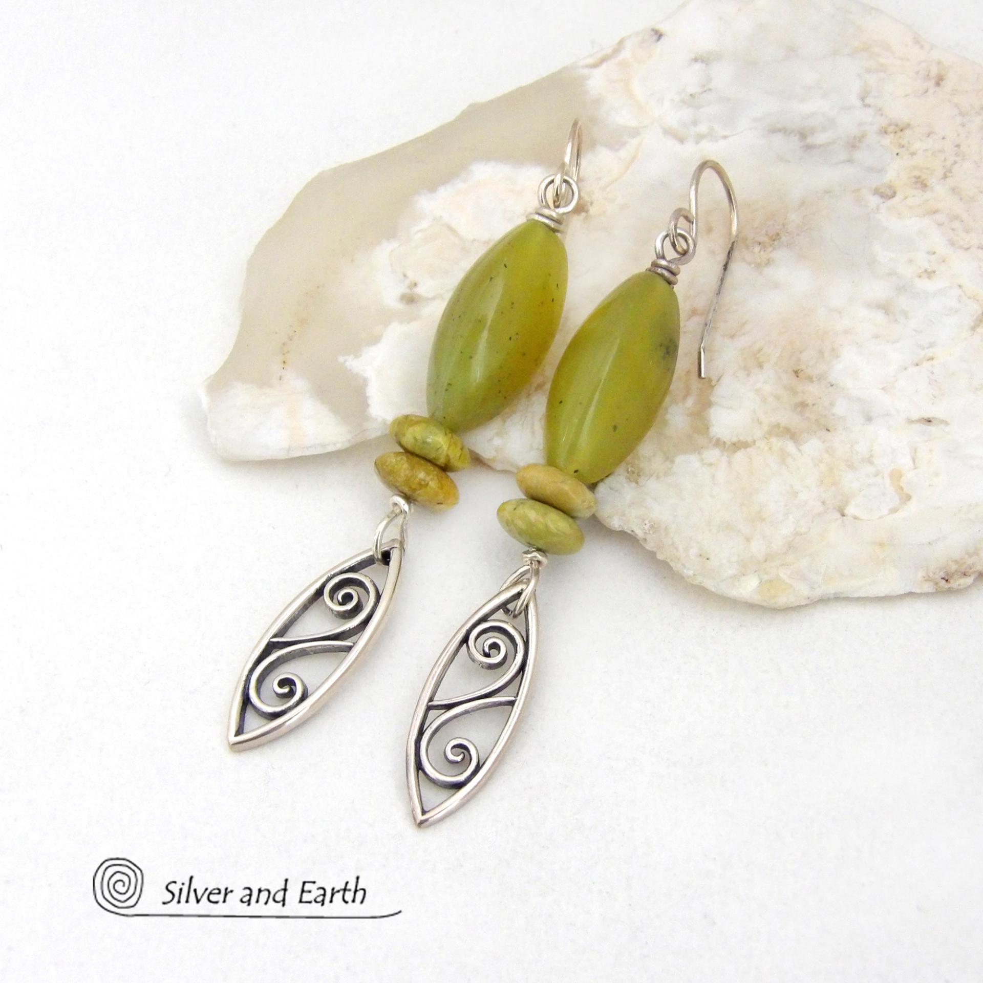 Sterling Silver Leaf Dangle Earrings with Green Serpentine Gemstones - Modern Earthy Nature Jewelry