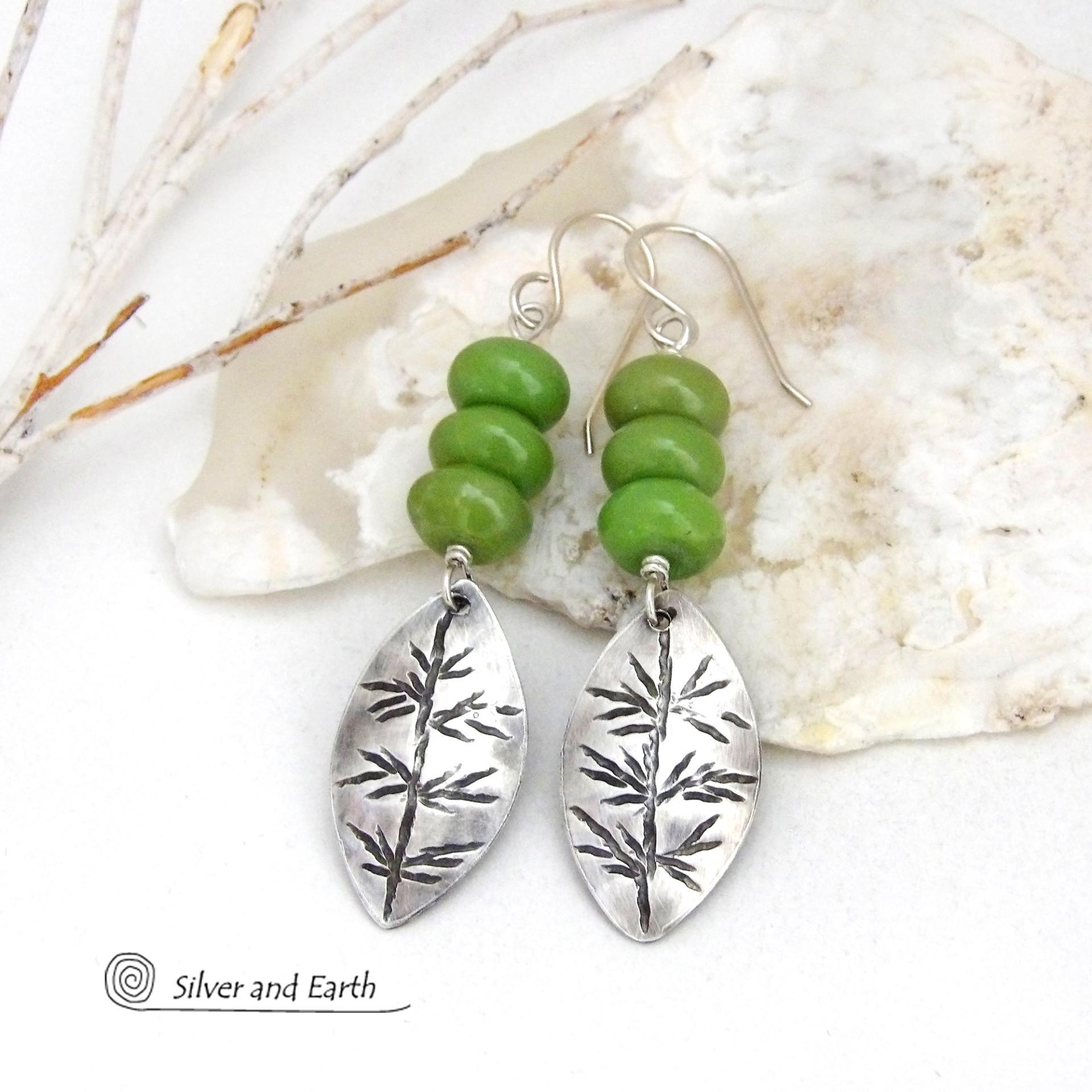 Small Sterling Silver Leaf Earrings with Green Serpentine Gemstones - Jewelry Gifts for Nature Lovers