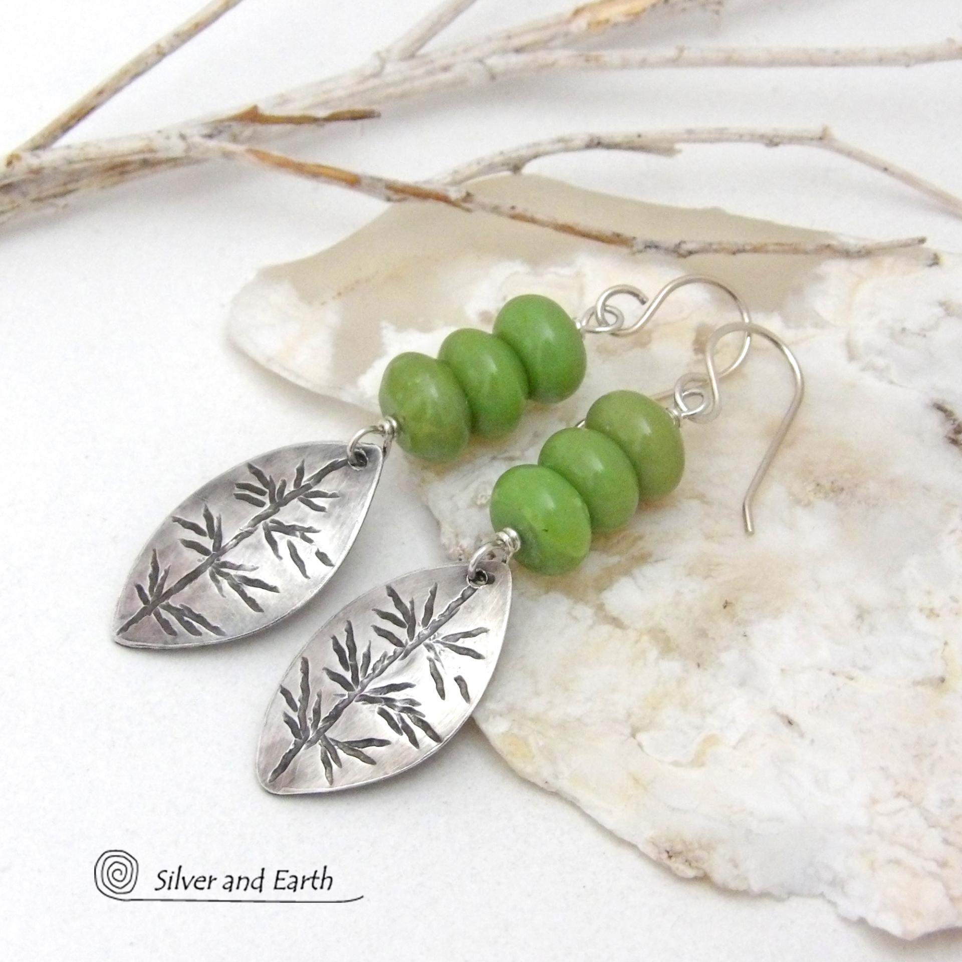 These earrings feature handcrafted small solid sterling silver leaves with a hand stamped texture accented with a stack of natural green serpentine gemstones. Lightweight and comfortable to wear - they have an earthy, natural style and will make a great gift for a nature lover or a nice addition to your own jewelry wardrobe.