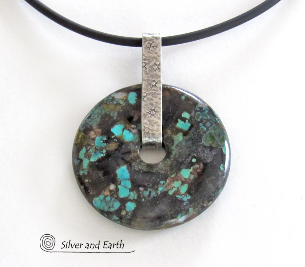 Natural Turquoise Sterling Silver Pendant - Rustic Organic Earthy Stone Jewelry