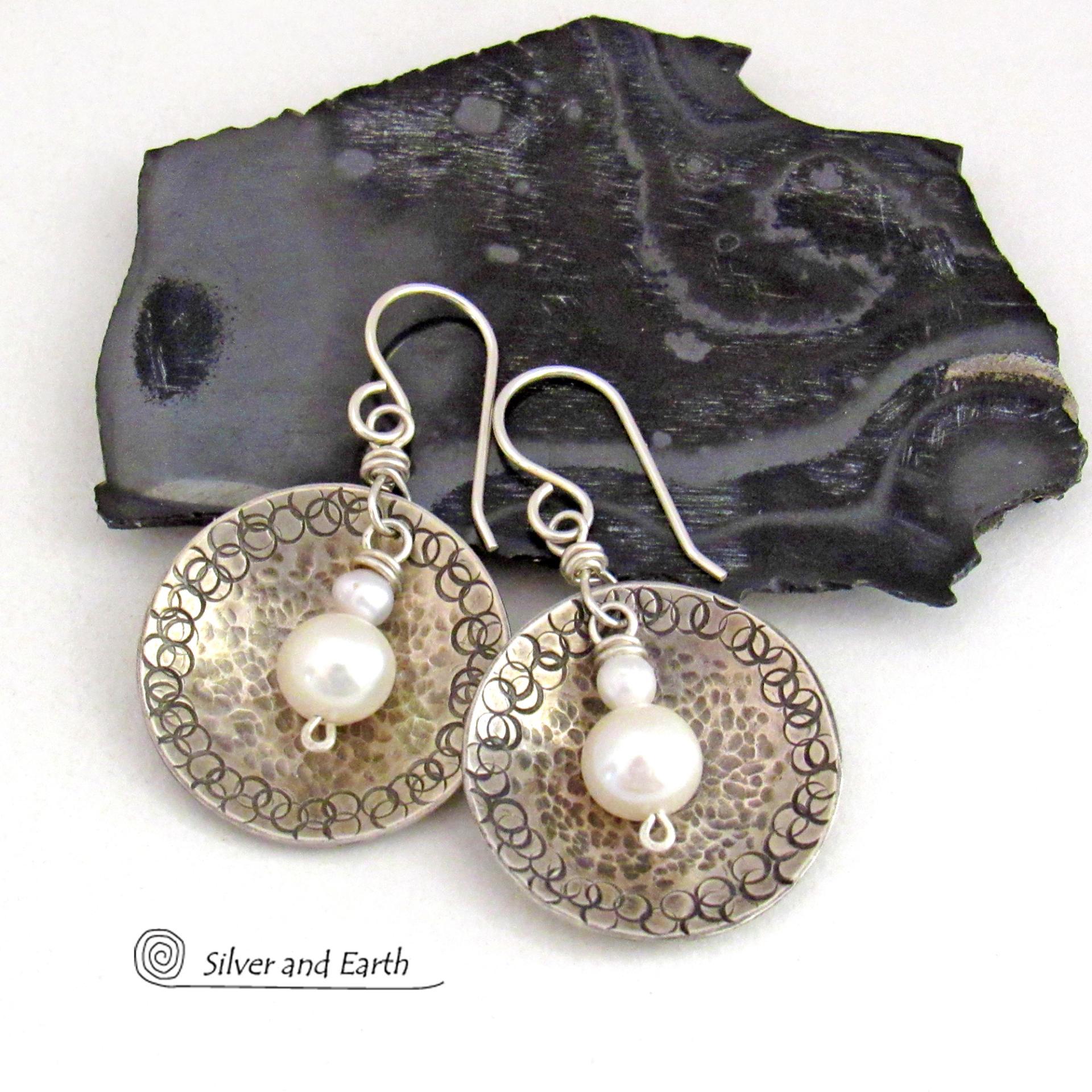 Small Sterling Silver Earrings with Dangling White Pearls - Modern Silver Jewelry